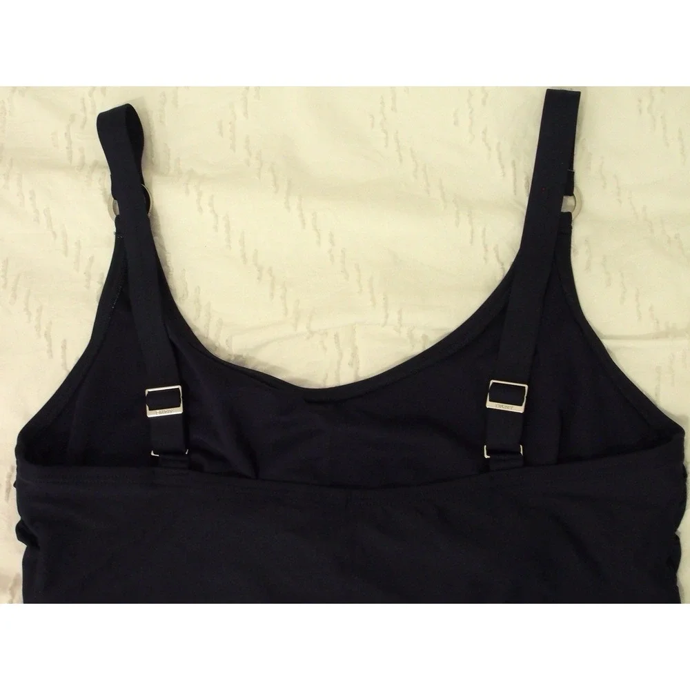 DKNY Swimsuit Navy Blue Starburst Ruched Adjustable Strap One Piece Swim Size L - Picture 3 of 10